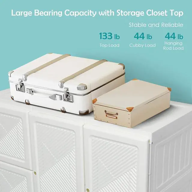 Alt view image 6 of 7 - Tangkula Portable Closet Wardrobe, Foldable Clothes Organizer with Cubby Storage, Hanging Rods, Easy Assemble Clothing Storage with Magnet Doors, Folding Bedroom Armoire (10 Cubbies & 2 Rods)