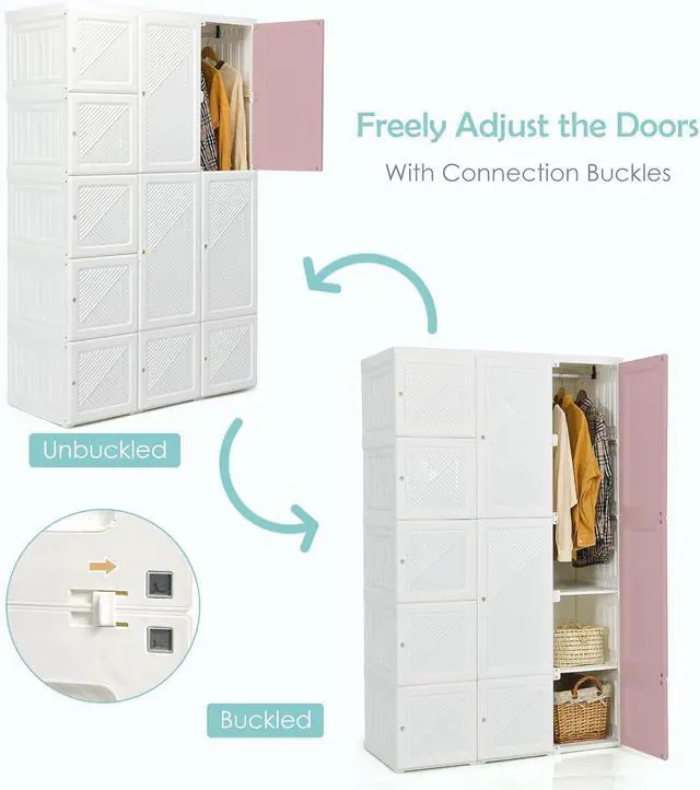Alt view image 7 of 7 - Tangkula Portable Closet Wardrobe, Foldable Clothes Organizer with Cubby Storage, Hanging Rods, Easy Assemble Clothing Storage with Magnet Doors, Folding Bedroom Armoire (10 Cubbies & 2 Rods)