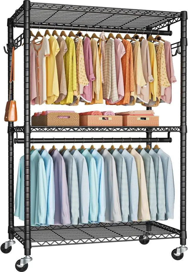 Main image of P1 Plus Rolling Clothes Rack, 22mm Diameter Heavy Duty Garment Rack with Wheels, Portable Closet Wardrobe with Double Rods, 45" W x 17.7" D x 80.5" H, Max Load 524 LBS, Black