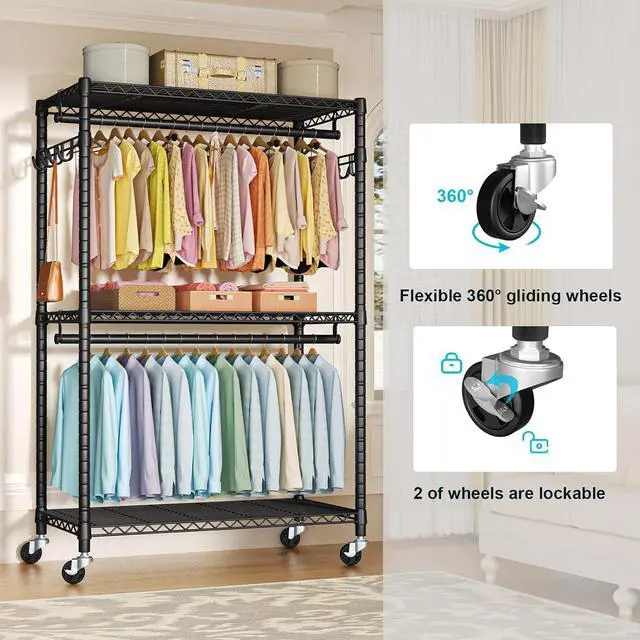 Alt view image 3 of 7 - P1 Plus Rolling Clothes Rack, 22mm Diameter Heavy Duty Garment Rack with Wheels, Portable Closet Wardrobe with Double Rods, 45" W x 17.7" D x 80.5" H, Max Load 524 LBS, Black
