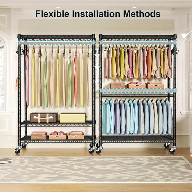 Alt view image 4 of 7 - P1 Plus Rolling Clothes Rack, 22mm Diameter Heavy Duty Garment Rack with Wheels, Portable Closet Wardrobe with Double Rods, 45" W x 17.7" D x 80.5" H, Max Load 524 LBS, Black