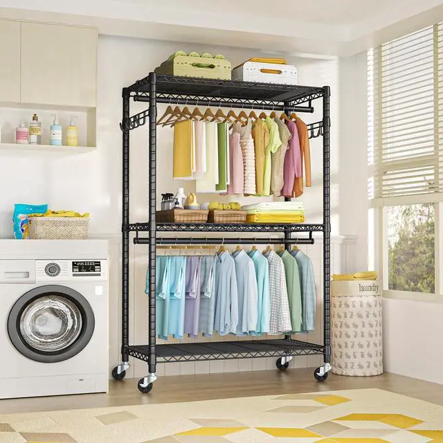 Alt view image 5 of 7 - P1 Plus Rolling Clothes Rack, 22mm Diameter Heavy Duty Garment Rack with Wheels, Portable Closet Wardrobe with Double Rods, 45" W x 17.7" D x 80.5" H, Max Load 524 LBS, Black