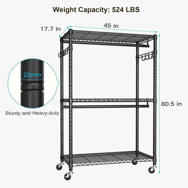 Alt view image 6 of 7 - P1 Plus Rolling Clothes Rack, 22mm Diameter Heavy Duty Garment Rack with Wheels, Portable Closet Wardrobe with Double Rods, 45" W x 17.7" D x 80.5" H, Max Load 524 LBS, Black