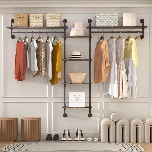 Main image of Helsin 5-Tiers 74inch Large Rustic Industrial Pipe Floating Shelving, Wall Mounted Heavy Duty Clothes Rack with Double Hanging Rods Display Storage Rack for Bedroom Organization & Home Décor