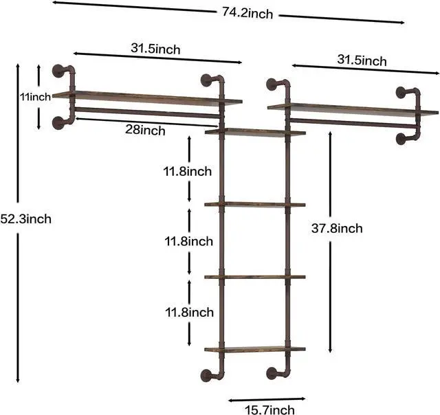 Alt view image 2 of 7 - Helsin 5-Tiers 74inch Large Rustic Industrial Pipe Floating Shelving, Wall Mounted Heavy Duty Clothes Rack with Double Hanging Rods Display Storage Rack for Bedroom Organization & Home Décor