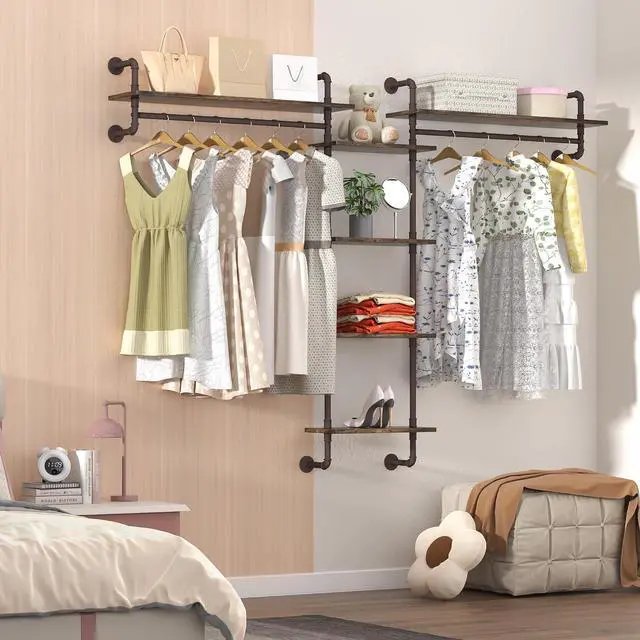 Alt view image 3 of 7 - Helsin 5-Tiers 74inch Large Rustic Industrial Pipe Floating Shelving, Wall Mounted Heavy Duty Clothes Rack with Double Hanging Rods Display Storage Rack for Bedroom Organization & Home Décor