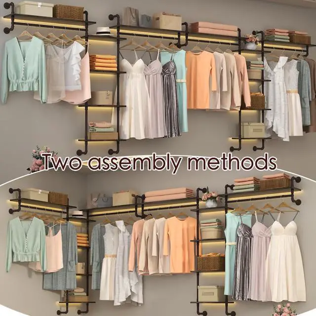 Alt view image 4 of 7 - Helsin 5-Tiers 74inch Large Rustic Industrial Pipe Floating Shelving, Wall Mounted Heavy Duty Clothes Rack with Double Hanging Rods Display Storage Rack for Bedroom Organization & Home Décor