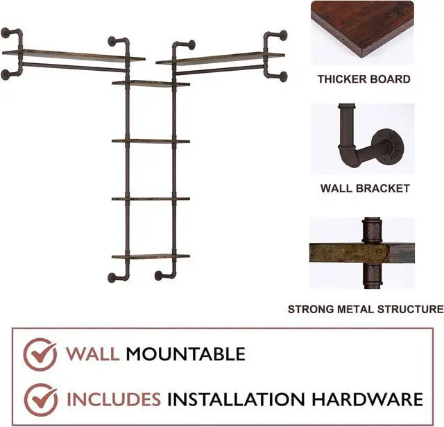 Alt view image 5 of 7 - Helsin 5-Tiers 74inch Large Rustic Industrial Pipe Floating Shelving, Wall Mounted Heavy Duty Clothes Rack with Double Hanging Rods Display Storage Rack for Bedroom Organization & Home Décor