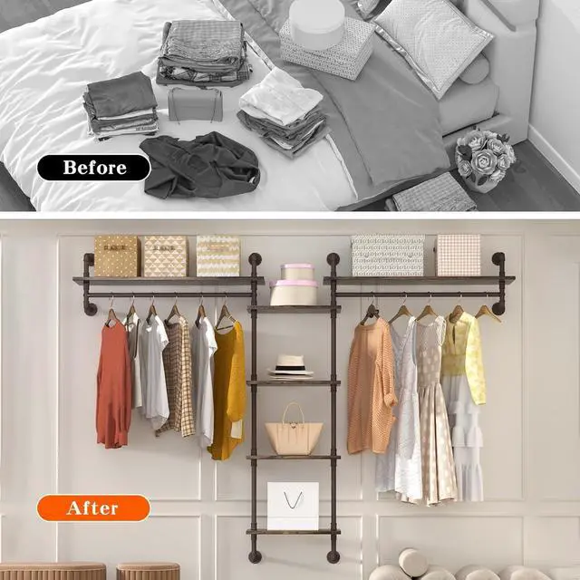 Alt view image 6 of 7 - Helsin 5-Tiers 74inch Large Rustic Industrial Pipe Floating Shelving, Wall Mounted Heavy Duty Clothes Rack with Double Hanging Rods Display Storage Rack for Bedroom Organization & Home Décor