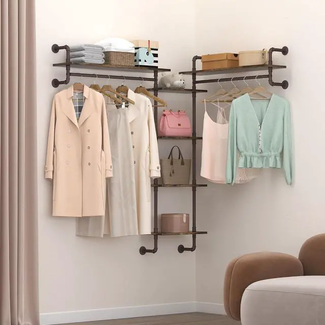 Alt view image 7 of 7 - Helsin 5-Tiers 74inch Large Rustic Industrial Pipe Floating Shelving, Wall Mounted Heavy Duty Clothes Rack with Double Hanging Rods Display Storage Rack for Bedroom Organization & Home Décor