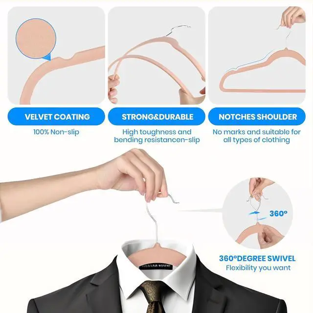 Alt view image 3 of 7 - YSSOA Velvet Hangers 50 Pack, Non-Slip Clothes Hangers with Shoulder Notches, 360° Swivel Hooks, Heavy Duty Standard Hanger for Closet Space Saving, Pink