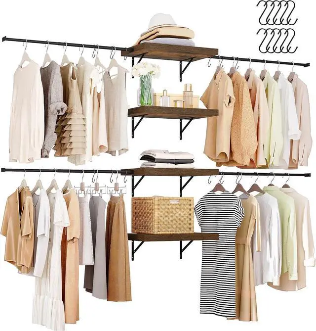 Main image of DWVO Closet Organizer System, Wall-Mounted Garment Rack Walk In Closet System, 4 Expandable Hanger Rods 4-Tier Wood Closet Storage Shelves with Backplane, Fits 6-9 ft Space, Black