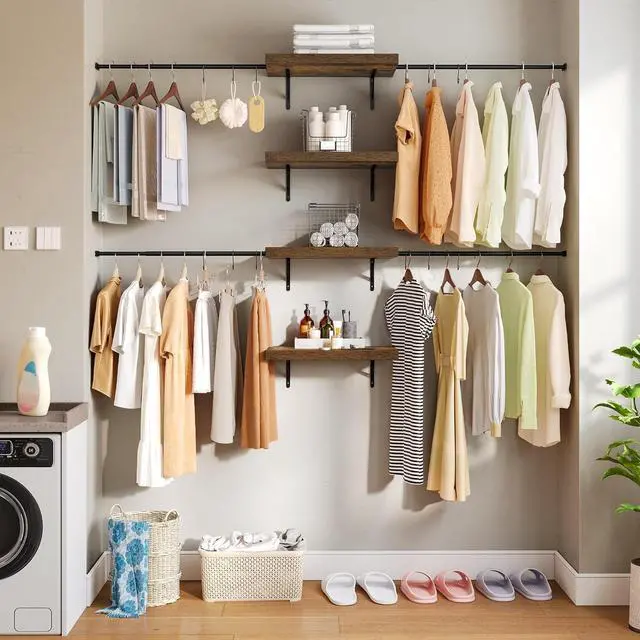 Alt view image 2 of 7 - DWVO Closet Organizer System, Wall-Mounted Garment Rack Walk In Closet System, 4 Expandable Hanger Rods 4-Tier Wood Closet Storage Shelves with Backplane, Fits 6-9 ft Space, Black