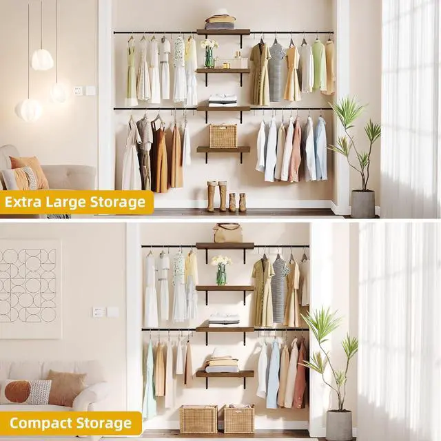 Alt view image 3 of 7 - DWVO Closet Organizer System, Wall-Mounted Garment Rack Walk In Closet System, 4 Expandable Hanger Rods 4-Tier Wood Closet Storage Shelves with Backplane, Fits 6-9 ft Space, Black