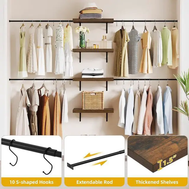 Alt view image 4 of 7 - DWVO Closet Organizer System, Wall-Mounted Garment Rack Walk In Closet System, 4 Expandable Hanger Rods 4-Tier Wood Closet Storage Shelves with Backplane, Fits 6-9 ft Space, Black