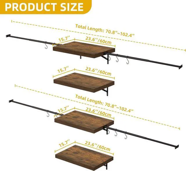 Alt view image 6 of 7 - DWVO Closet Organizer System, Wall-Mounted Garment Rack Walk In Closet System, 4 Expandable Hanger Rods 4-Tier Wood Closet Storage Shelves with Backplane, Fits 6-9 ft Space, Black