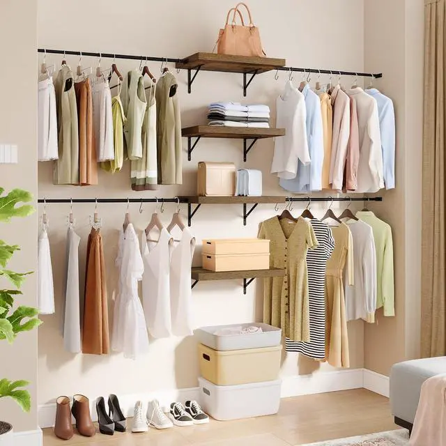 Alt view image 7 of 7 - DWVO Closet Organizer System, Wall-Mounted Garment Rack Walk In Closet System, 4 Expandable Hanger Rods 4-Tier Wood Closet Storage Shelves with Backplane, Fits 6-9 ft Space, Black