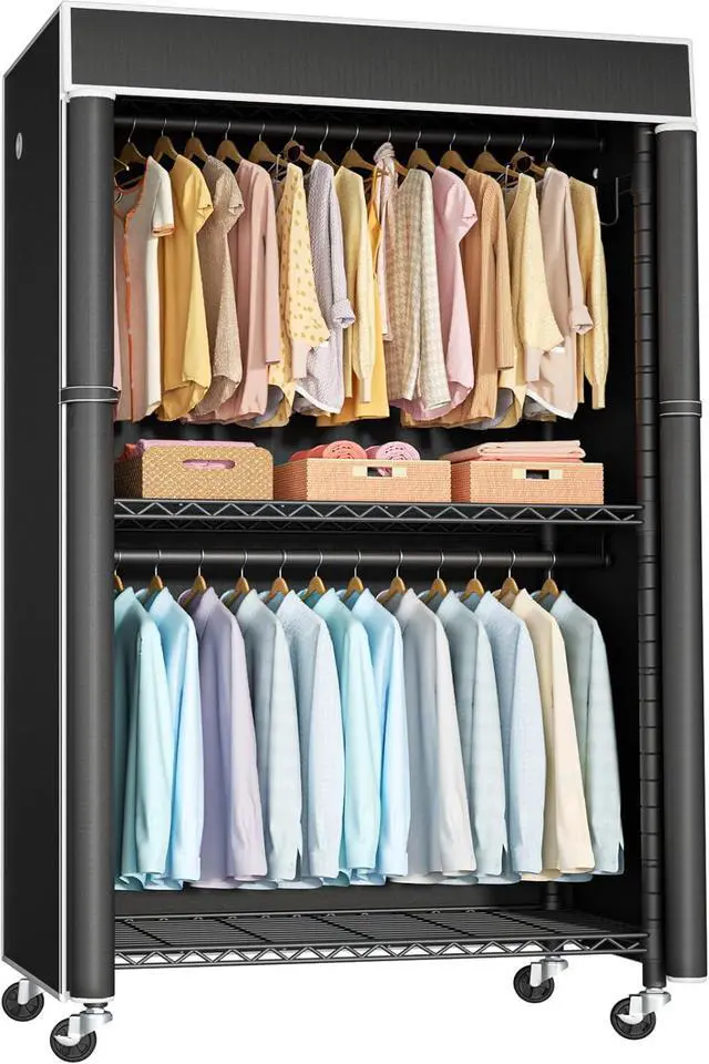 Main image of Clothing Rack with Cover, P1C Rolling Closets with Wheels, Metal Garment Rack for Hanging Clothes, Clothing Storage Wardrobe with Cover, 36.2" W x 16.5" D x 80.5" H, Black, Load 450 Pounds