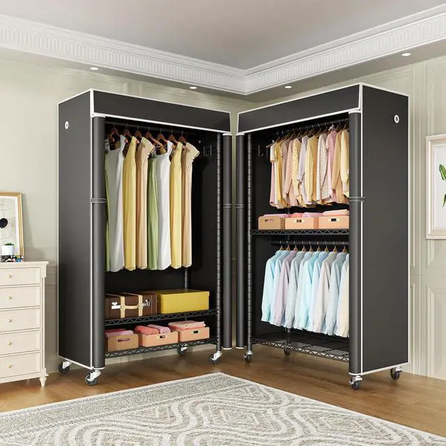 Alt view image 6 of 7 - Clothing Rack with Cover, P1C Rolling Closets with Wheels, Metal Garment Rack for Hanging Clothes, Clothing Storage Wardrobe with Cover, 36.2" W x 16.5" D x 80.5" H, Black, Load 450 Pounds