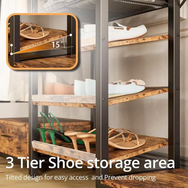 Alt view image 4 of 7 - IRONCK Clothes Rack with 3 tier Shelves for Shoes & 2 Drawers, Heavy Duty Garment Rack with Hanging Rods, Closet Organizers and Storage, Vintage Brown