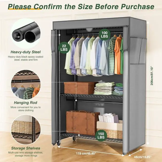 Alt view image 3 of 7 - LEHOM G1C Heavy Duty Clothes Rack with Cover, Rolling Garment Rack for Hanging Clothes, Portable Closets with Oxford Fabric Cover, Freestanding Clothing Rack on Wheels, Storage Wardrobe for Bedroom
