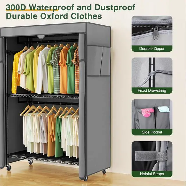 Alt view image 4 of 7 - LEHOM G1C Heavy Duty Clothes Rack with Cover, Rolling Garment Rack for Hanging Clothes, Portable Closets with Oxford Fabric Cover, Freestanding Clothing Rack on Wheels, Storage Wardrobe for Bedroom