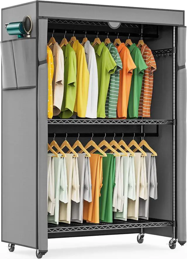 Main image of LEHOM G1C Heavy Duty Clothes Rack with Cover, Rolling Garment Rack for Hanging Clothes, Portable Closets with Oxford Fabric Cover, Freestanding Clothing Rack on Wheels, Storage Wardrobe for Bedroom
