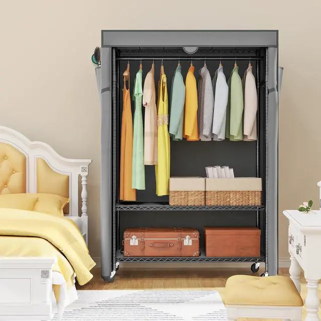 Alt view image 2 of 7 - LEHOM G1C Heavy Duty Clothes Rack with Cover, Rolling Garment Rack for Hanging Clothes, Portable Closets with Oxford Fabric Cover, Freestanding Clothing Rack on Wheels, Storage Wardrobe for Bedroom