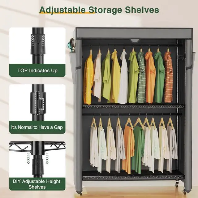 Alt view image 5 of 7 - LEHOM G1C Heavy Duty Clothes Rack with Cover, Rolling Garment Rack for Hanging Clothes, Portable Closets with Oxford Fabric Cover, Freestanding Clothing Rack on Wheels, Storage Wardrobe for Bedroom
