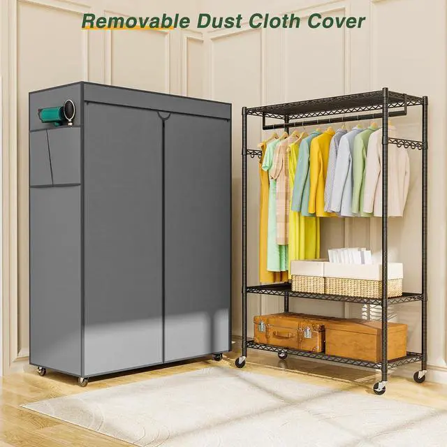 Alt view image 7 of 7 - LEHOM G1C Heavy Duty Clothes Rack with Cover, Rolling Garment Rack for Hanging Clothes, Portable Closets with Oxford Fabric Cover, Freestanding Clothing Rack on Wheels, Storage Wardrobe for Bedroom