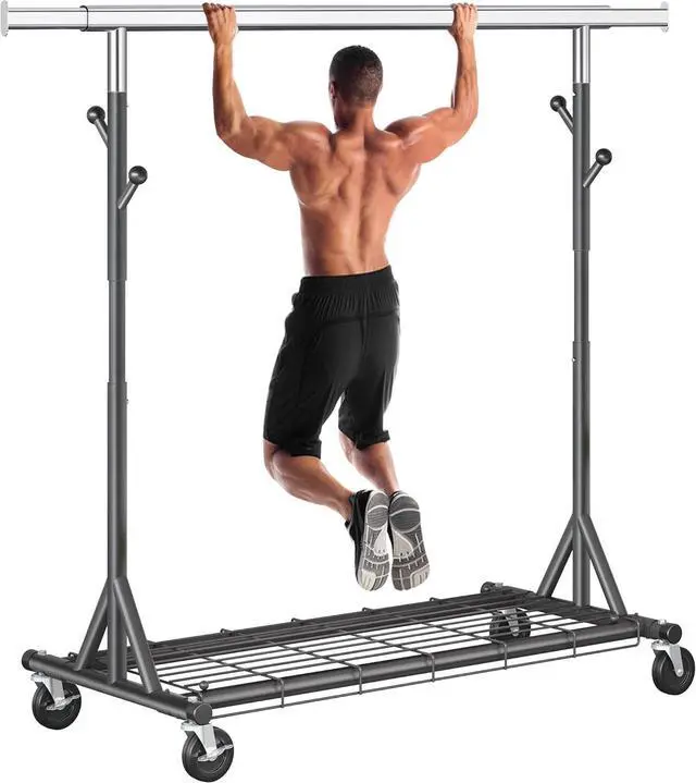 Main image of Heavy Duty Clothes Rack Load 530 LBS Metal Garment Clothing Rack Hang 200 pieces of clothing on Wheels Collapsible Rolling Portable & Adjustable with Hook for Hanging Clothes Black