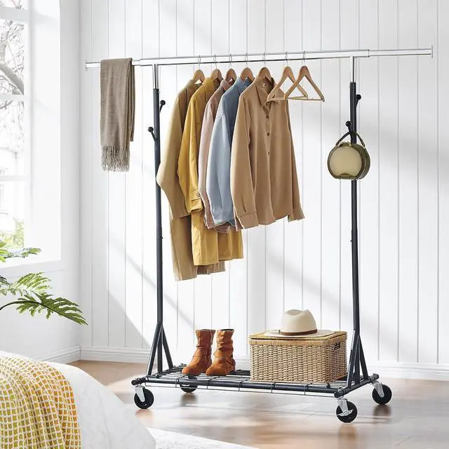 Alt view image 7 of 7 - Heavy Duty Clothes Rack Load 530 LBS Metal Garment Clothing Rack Hang 200 pieces of clothing on Wheels Collapsible Rolling Portable & Adjustable with Hook for Hanging Clothes Black