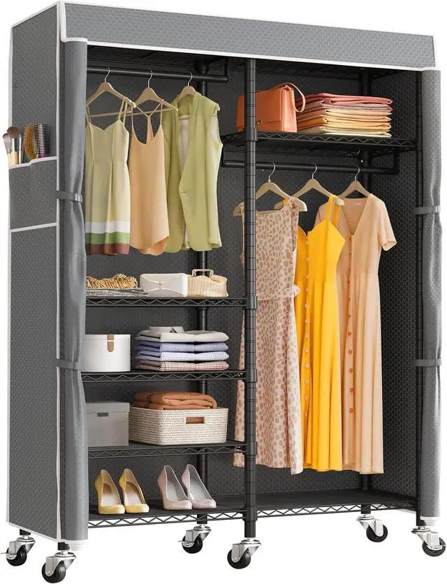 Main image of VIPEK R4C Rolling Garment Rack 6 Tiers Adjustable Heavy Duty Wire Shelving Portable Clothes Rack with Lockable Wheels, Black Metal Clothing Rack with Grey Upgraded Polyester Cover, Max Load 620lbs