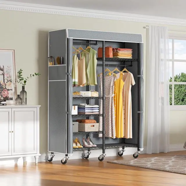 Alt view image 2 of 7 - VIPEK R4C Rolling Garment Rack 6 Tiers Adjustable Heavy Duty Wire Shelving Portable Clothes Rack with Lockable Wheels, Black Metal Clothing Rack with Grey Upgraded Polyester Cover, Max Load 620lbs