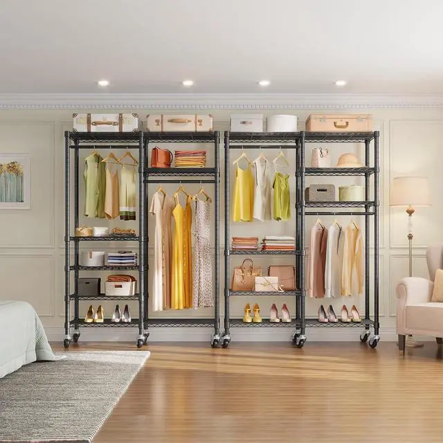 Alt view image 3 of 7 - VIPEK R4C Rolling Garment Rack 6 Tiers Adjustable Heavy Duty Wire Shelving Portable Clothes Rack with Lockable Wheels, Black Metal Clothing Rack with Grey Upgraded Polyester Cover, Max Load 620lbs