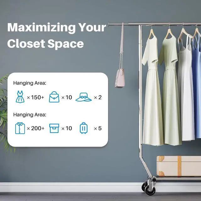Alt view image 5 of 7 - HOKEEPER Clothes Rack, Rolling Clothing Racks for Hanging Clothes, Portable Clothes Rack with Lockable Wheels, Commercial Heavy Duty Garment Rack for Bedroom, Living Room, Laundry, Balcony