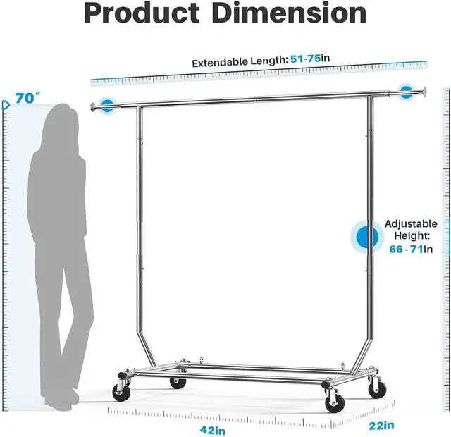 Alt view image 6 of 7 - HOKEEPER Clothes Rack, Rolling Clothing Racks for Hanging Clothes, Portable Clothes Rack with Lockable Wheels, Commercial Heavy Duty Garment Rack for Bedroom, Living Room, Laundry, Balcony