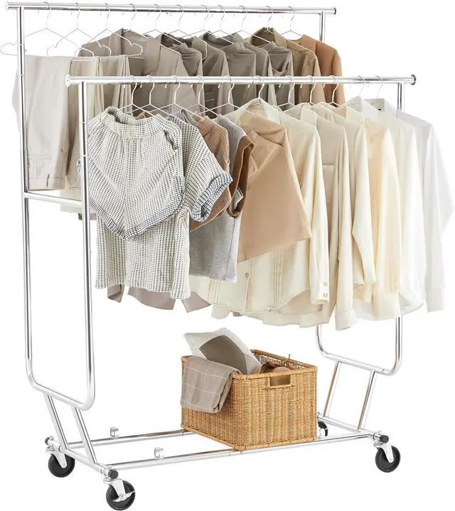 Main image of Yaheetech Rolling Clothes Rack, Heavy Duty Double Rail Clothing Rack, Commercial Portable Garment Rack with Wheels for Bedroom, Clothing Store, Chrome, 74" L × 21.5" W × 65" H