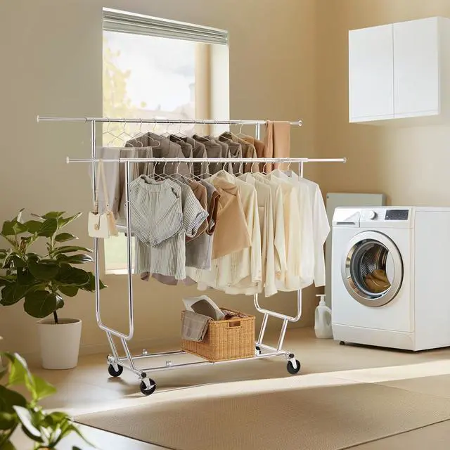 Alt view image 2 of 7 - Yaheetech Rolling Clothes Rack, Heavy Duty Double Rail Clothing Rack, Commercial Portable Garment Rack with Wheels for Bedroom, Clothing Store, Chrome, 74" L × 21.5" W × 65" H