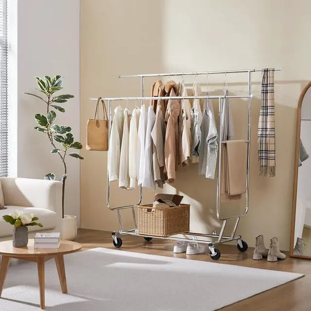 Alt view image 3 of 7 - Yaheetech Rolling Clothes Rack, Heavy Duty Double Rail Clothing Rack, Commercial Portable Garment Rack with Wheels for Bedroom, Clothing Store, Chrome, 74" L × 21.5" W × 65" H