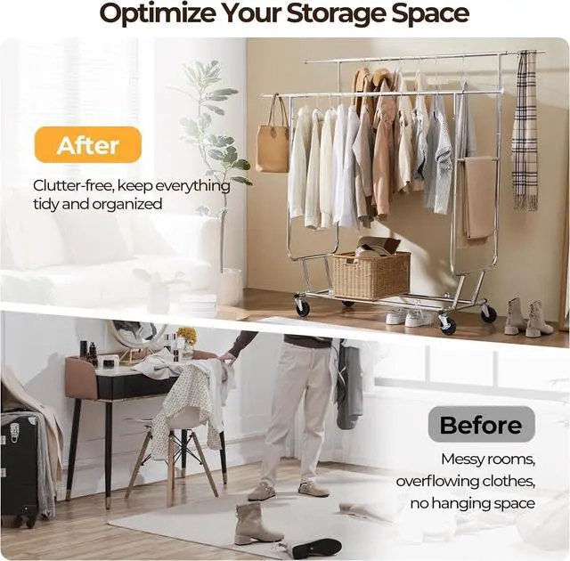 Alt view image 5 of 7 - Yaheetech Rolling Clothes Rack, Heavy Duty Double Rail Clothing Rack, Commercial Portable Garment Rack with Wheels for Bedroom, Clothing Store, Chrome, 74" L × 21.5" W × 65" H