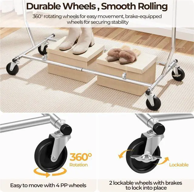 Alt view image 6 of 7 - Yaheetech Rolling Clothes Rack, Heavy Duty Double Rail Clothing Rack, Commercial Portable Garment Rack with Wheels for Bedroom, Clothing Store, Chrome, 74" L × 21.5" W × 65" H