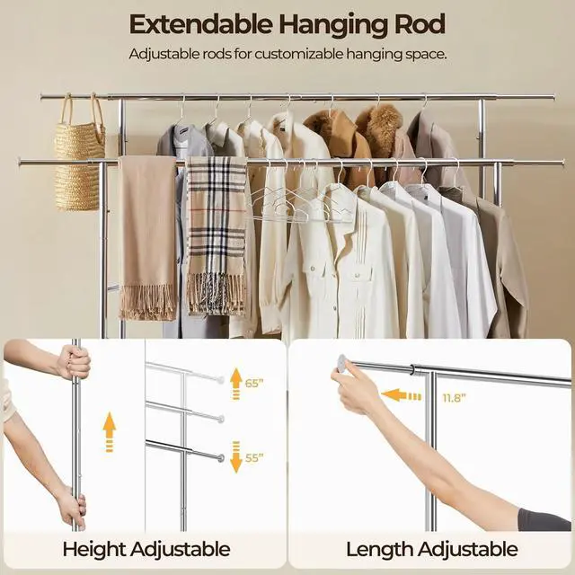 Alt view image 7 of 7 - Yaheetech Rolling Clothes Rack, Heavy Duty Double Rail Clothing Rack, Commercial Portable Garment Rack with Wheels for Bedroom, Clothing Store, Chrome, 74" L × 21.5" W × 65" H