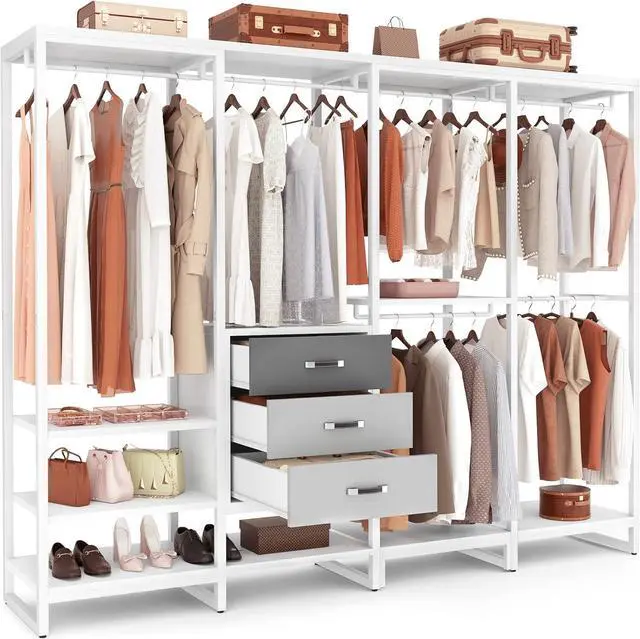 Main image of Aheaplus Wood Clothes Rack Wardrobe Closets for Hanging Clothes Heavy Duty Garment Rack, Large Corner L Shaped Closet System Organizer Walk-in Closet for Bedroom with 3 Wood Drawers, White Oak