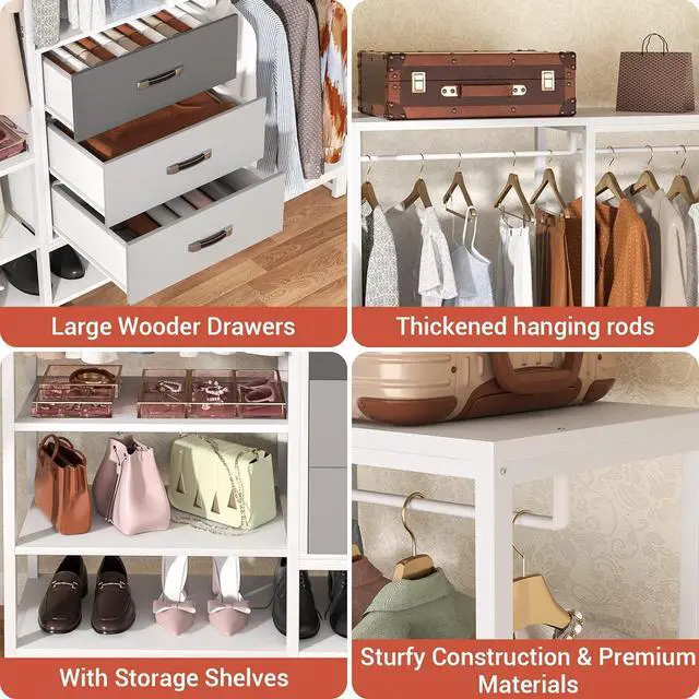 Alt view image 5 of 7 - Aheaplus Wood Clothes Rack Wardrobe Closets for Hanging Clothes Heavy Duty Garment Rack, Large Corner L Shaped Closet System Organizer Walk-in Closet for Bedroom with 3 Wood Drawers, White Oak