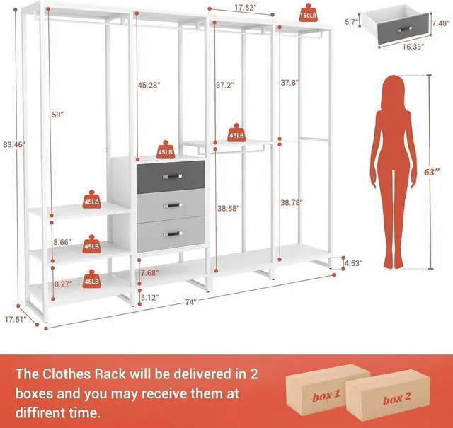 Alt view image 7 of 7 - Aheaplus Wood Clothes Rack Wardrobe Closets for Hanging Clothes Heavy Duty Garment Rack, Large Corner L Shaped Closet System Organizer Walk-in Closet for Bedroom with 3 Wood Drawers, White Oak