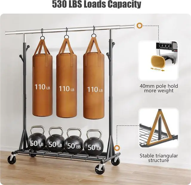 Alt view image 2 of 7 - Heavy Duty Clothes Rack Load 530 LBS Metal Garment Clothing Rack Hang 200 pieces of clothing on Wheels Collapsible Rolling Portable & Adjustable with Hook for Hanging Clothes Black