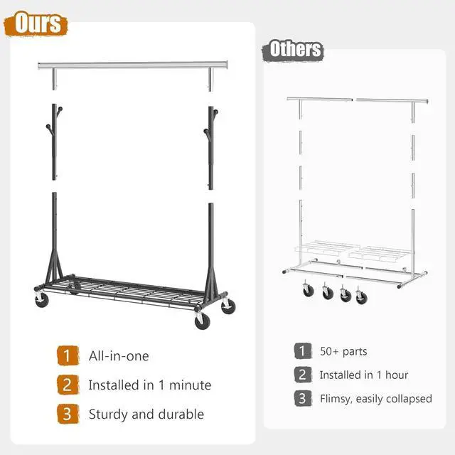 Alt view image 3 of 7 - Heavy Duty Clothes Rack Load 530 LBS Metal Garment Clothing Rack Hang 200 pieces of clothing on Wheels Collapsible Rolling Portable & Adjustable with Hook for Hanging Clothes Black