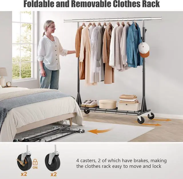 Alt view image 5 of 7 - Heavy Duty Clothes Rack Load 530 LBS Metal Garment Clothing Rack Hang 200 pieces of clothing on Wheels Collapsible Rolling Portable & Adjustable with Hook for Hanging Clothes Black
