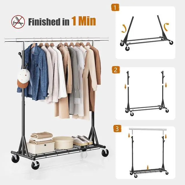 Alt view image 6 of 7 - Heavy Duty Clothes Rack Load 530 LBS Metal Garment Clothing Rack Hang 200 pieces of clothing on Wheels Collapsible Rolling Portable & Adjustable with Hook for Hanging Clothes Black